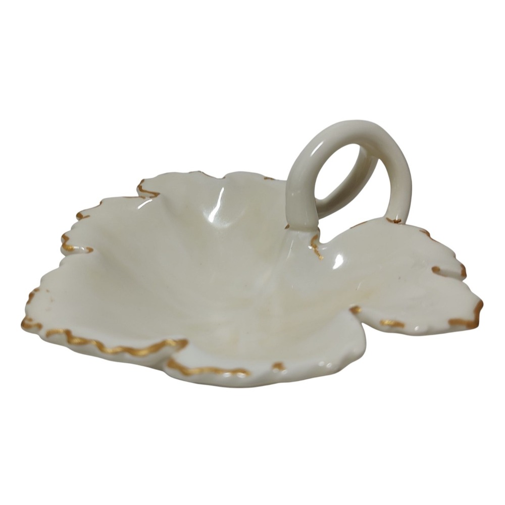 Vintage Candy Dish‎ Porcelain Leaf with Gold Trim Handmade Handle SEE